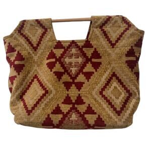 Fabric Tapestry Large Square Tote w/Wood Bar Handles